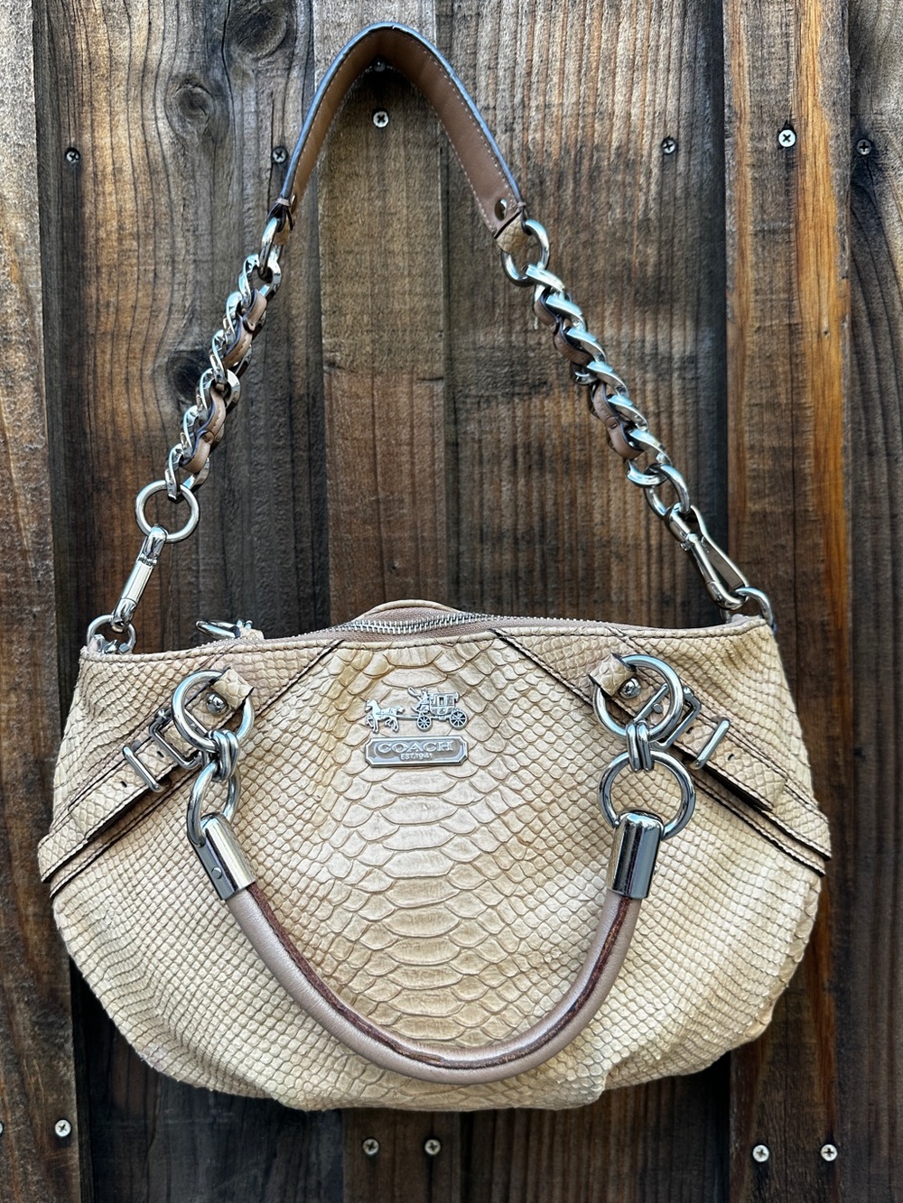 Y2K Coach Madison Kristin Satchel Tan Python Embossed Leather Silver Chain